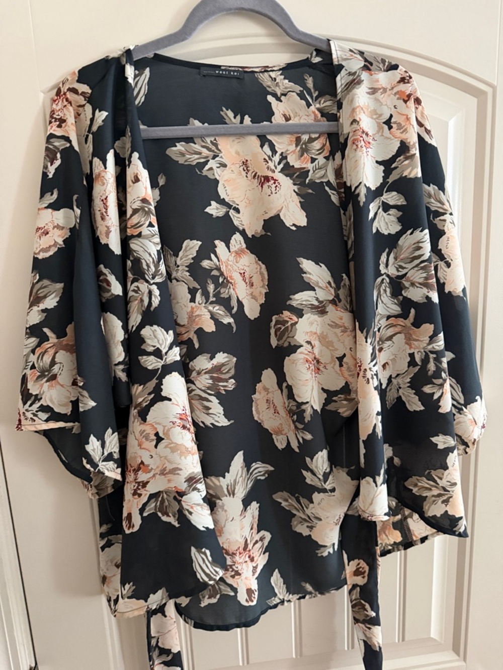 West Kei Black Floral Open-Front Kimono Blouse with Cream & Blush Blooms